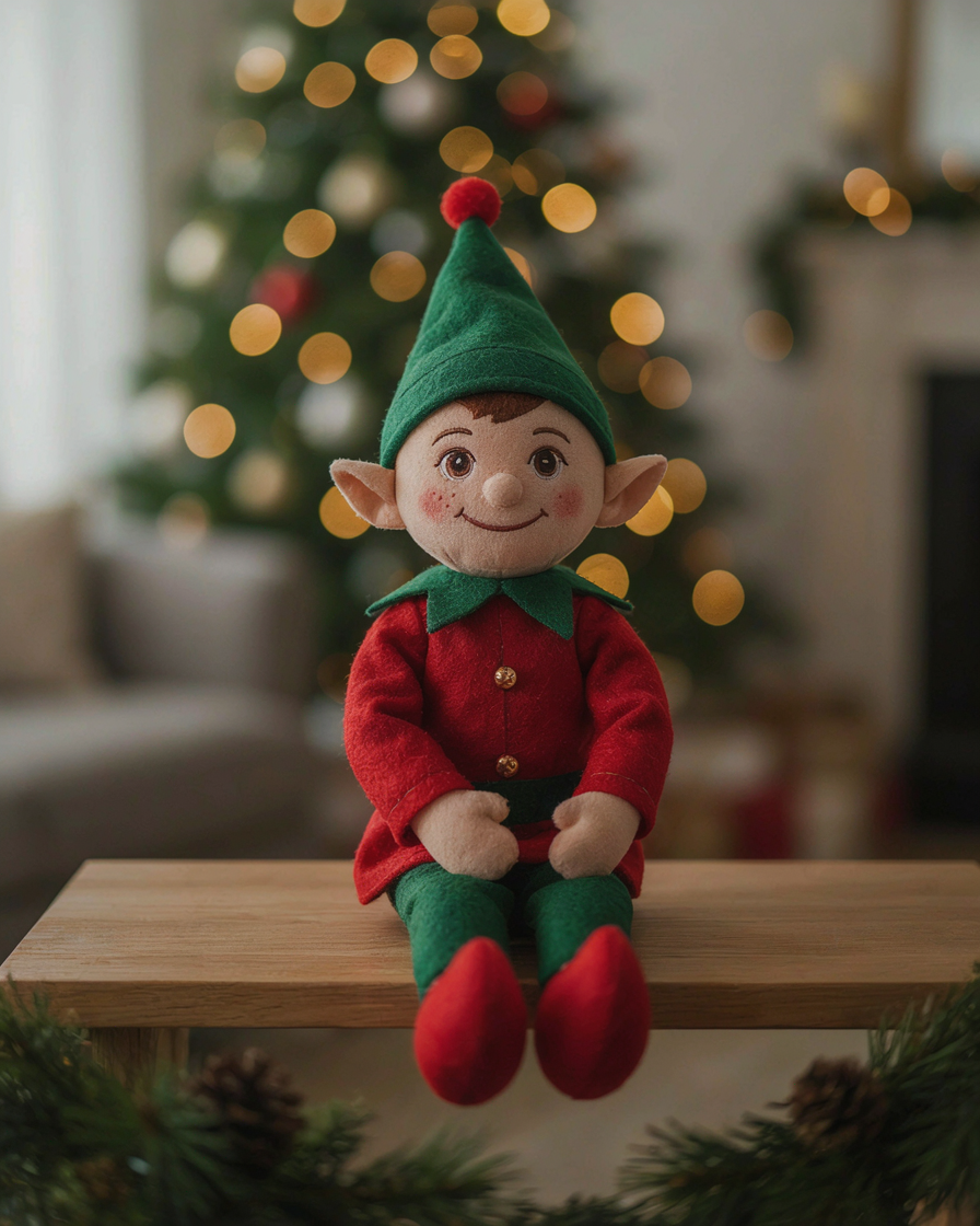 Muñeco de elfo navideño genérico en una escena de catálogo