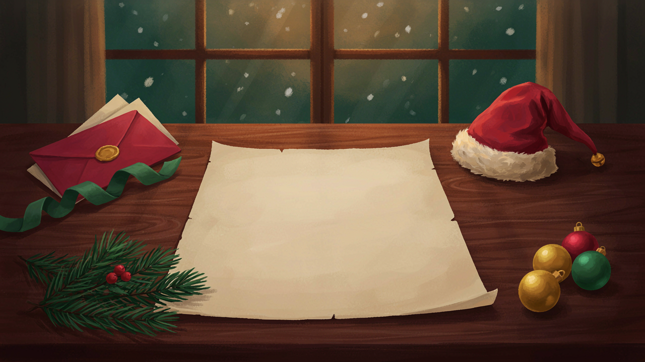 Mesa navideña preparada para escribir una carta del elfo
