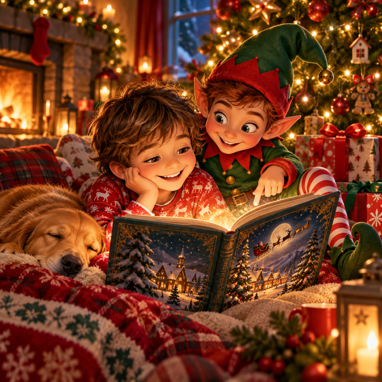 Un niño jugando con un elfo de peluche junto al árbol de Navidad